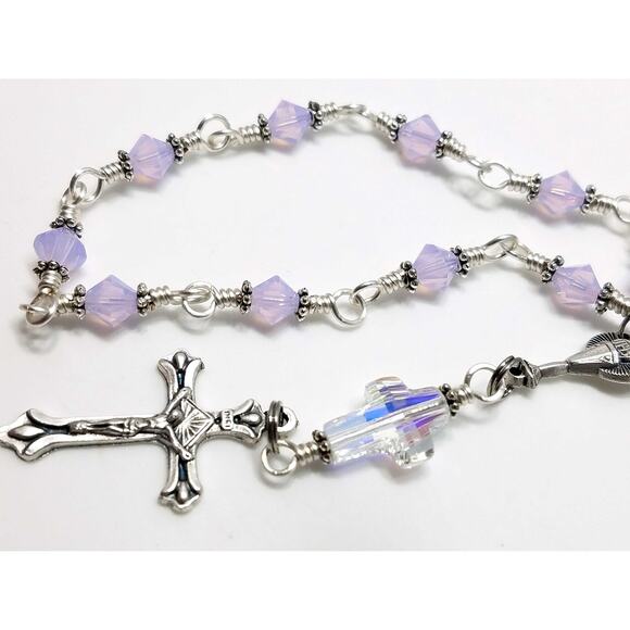 Wire-wrapped Handmade One Decade Rosary, Lilac Opal Crystal Beads - Picture 7 of 10